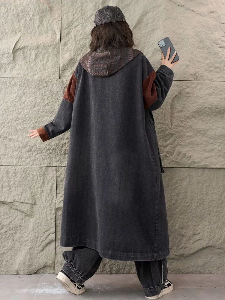Amax LuluE Brand Fall Ladies Casual Oversized Hooded Vintage Denim Trench Women Classic Loose Long Clothes Fashion Windbreakers