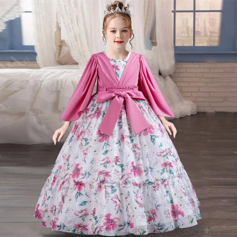 Girl\'s Pearl Bow Princess Dress 2024 New Fashion Printed Casual Dress Fashion Elegant Carnival Birthday Host Performance Dress