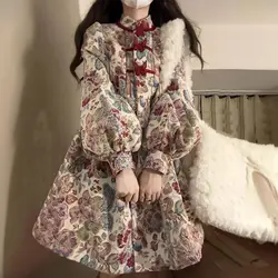 2024 capodanno natale Vintage corte stile Mini abito Kawaii fiocco stampato lanterna allentata manica lunga principessa donna abiti corti