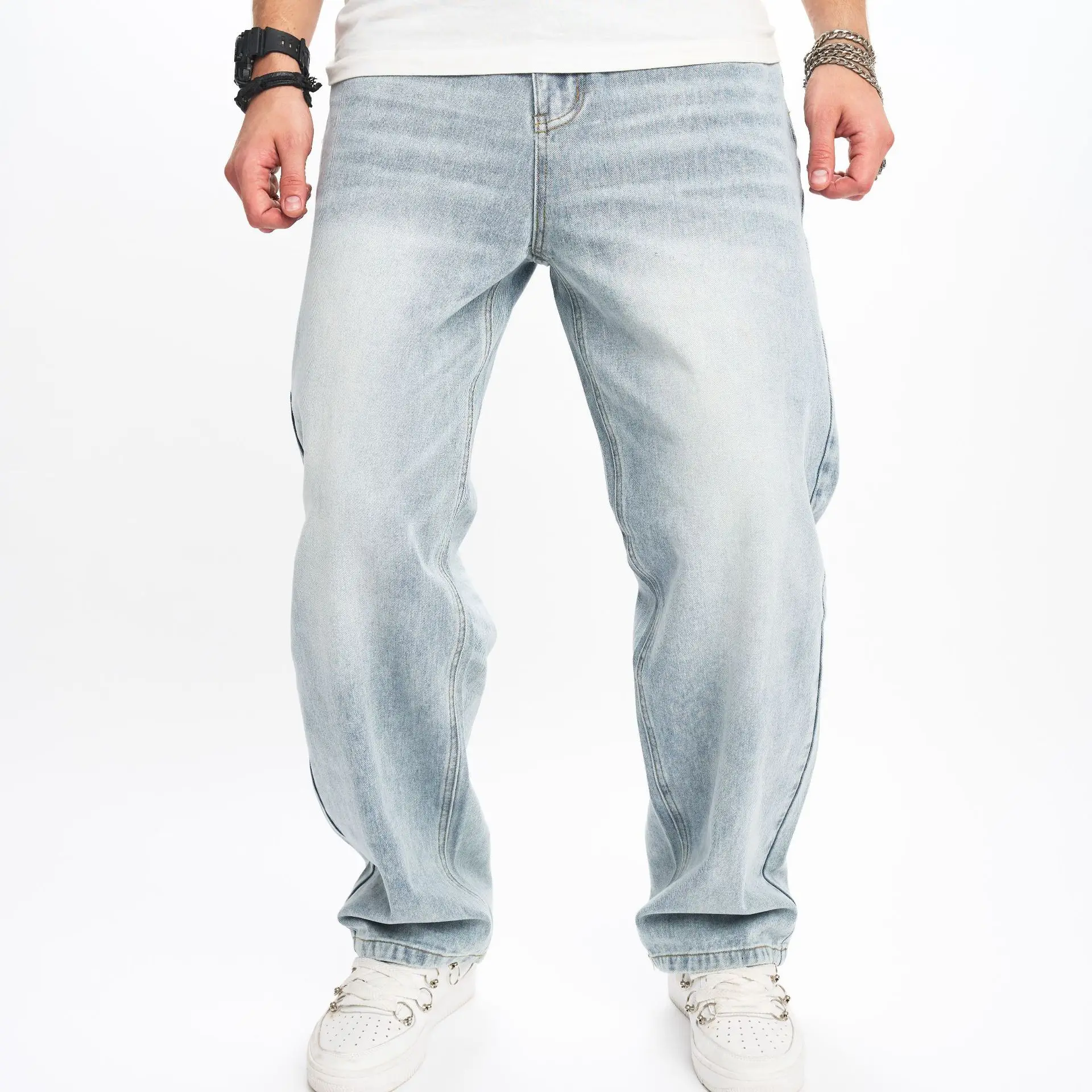 New High Street Men's Jeans High Quality Solid Biker jeans Fashion Casual Stretch Straight Blue Trousers Streetwear Man Clothes