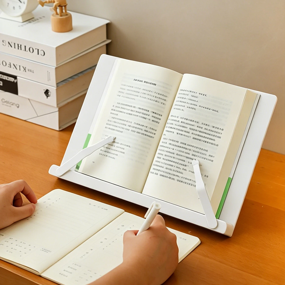 White Adjustable Book Stand, Desktop Reading Holder with Page Clips for Students & Office Use