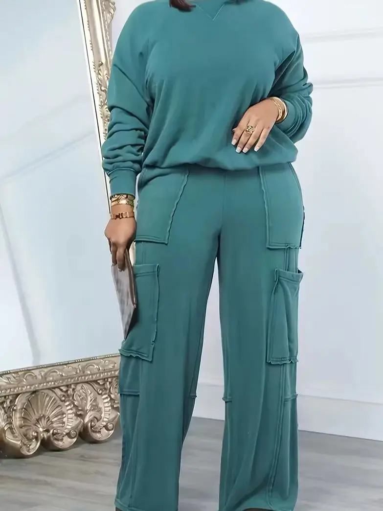 Women'S Casual Two-Piece Sports Suit - Long Sleeve Crew Neck Top & Pocket Trousers, Solid Color, Regular Fit, All-Season Comfort