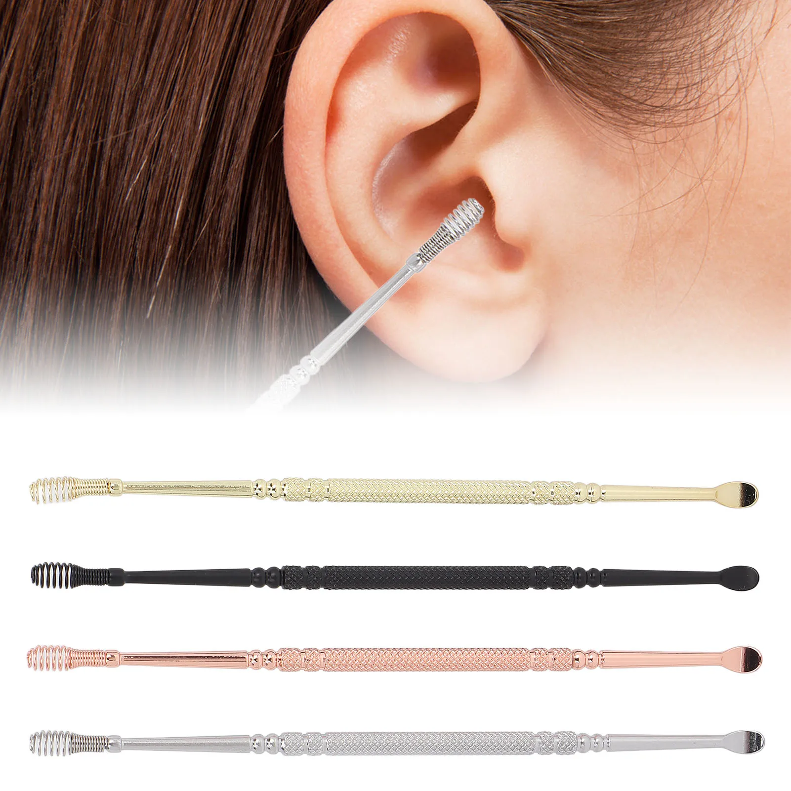 4 Colors Stainless Steel Double Head Ear Spoon Spiral Earwax Remover Cleaning Tool