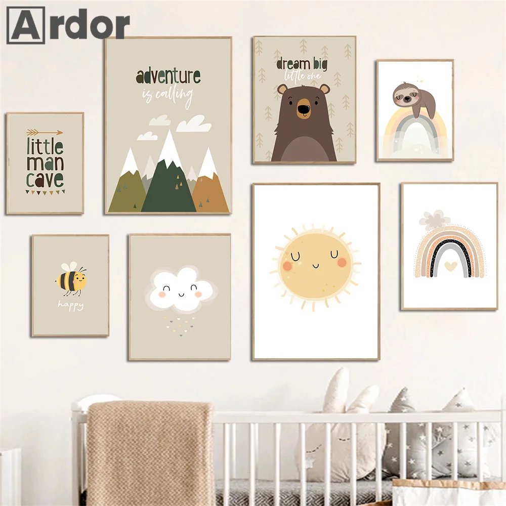 

Cartoon Dream Quotes Bear Bee Sloth Rainbow Wall Art Canvas Painting Nordic Posters Prints Nursery Wall Pictures Kids Room Decor