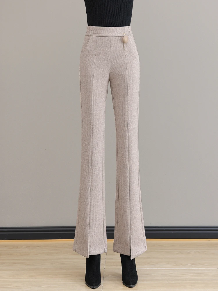 

Женские шерстяные брюки-клеш с высокой талией, осенне-зимняя новинка, эластичные, с эффектом похудения, с разрезами, в деловом стиле