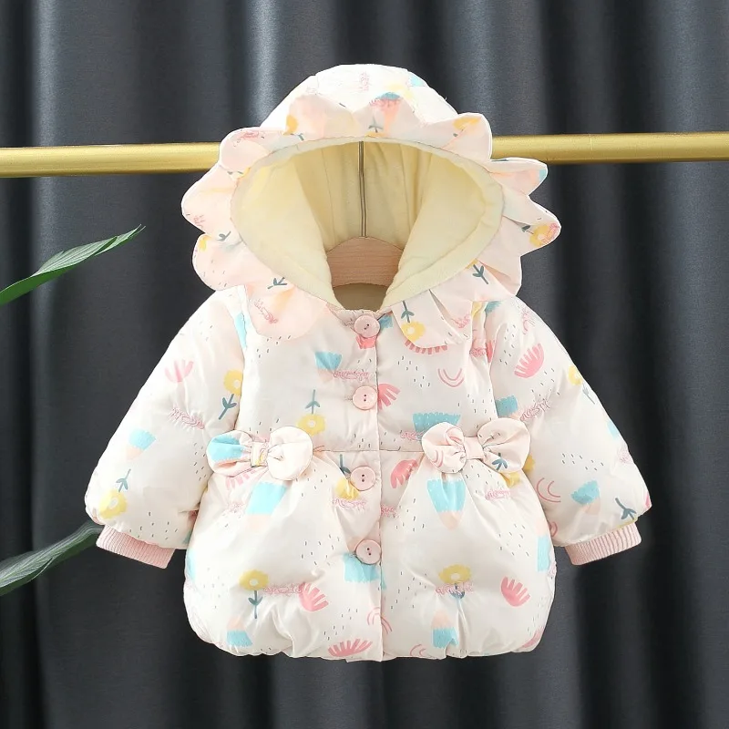 

New Girls Autumn Winter Cotton Coat Top Plush Warm Loose Bow Sweet Flower Cartoon Lovely Outdoor All-match Soft