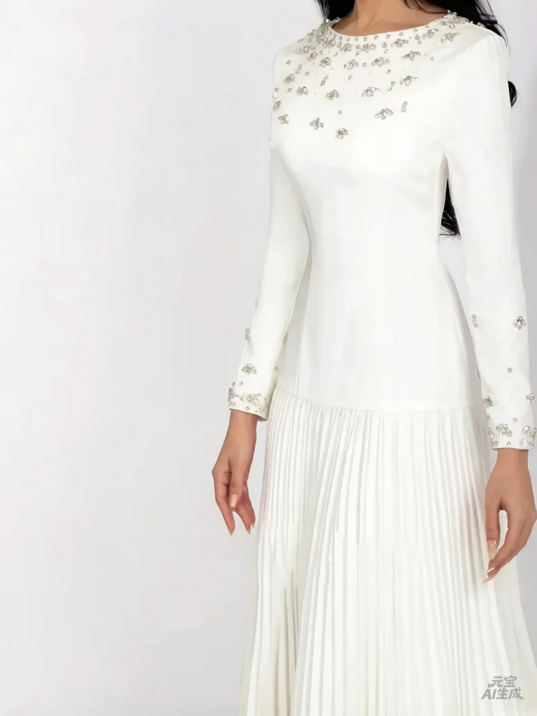 Customized Ivory Elegant Sweet Crystal Prom Dresses For Special Occasion Long Sleeves Round Neck Pleated Wedding Evening Dress view 4