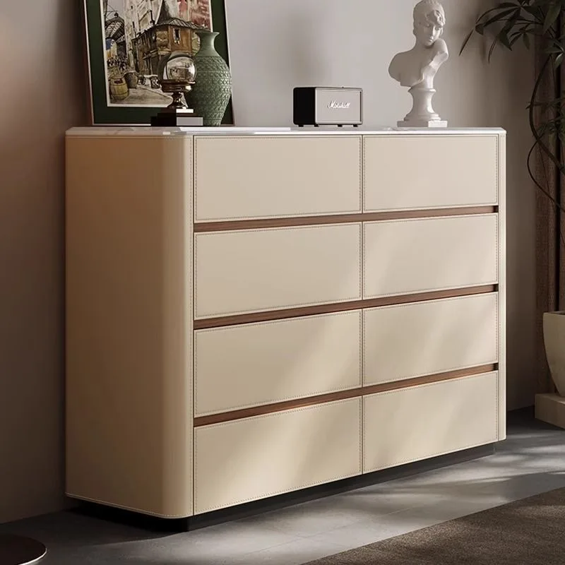 Marble side cabinet household wall integrated solid wood locker saddle leather tea cabinet bedroom bedside storage cabinet