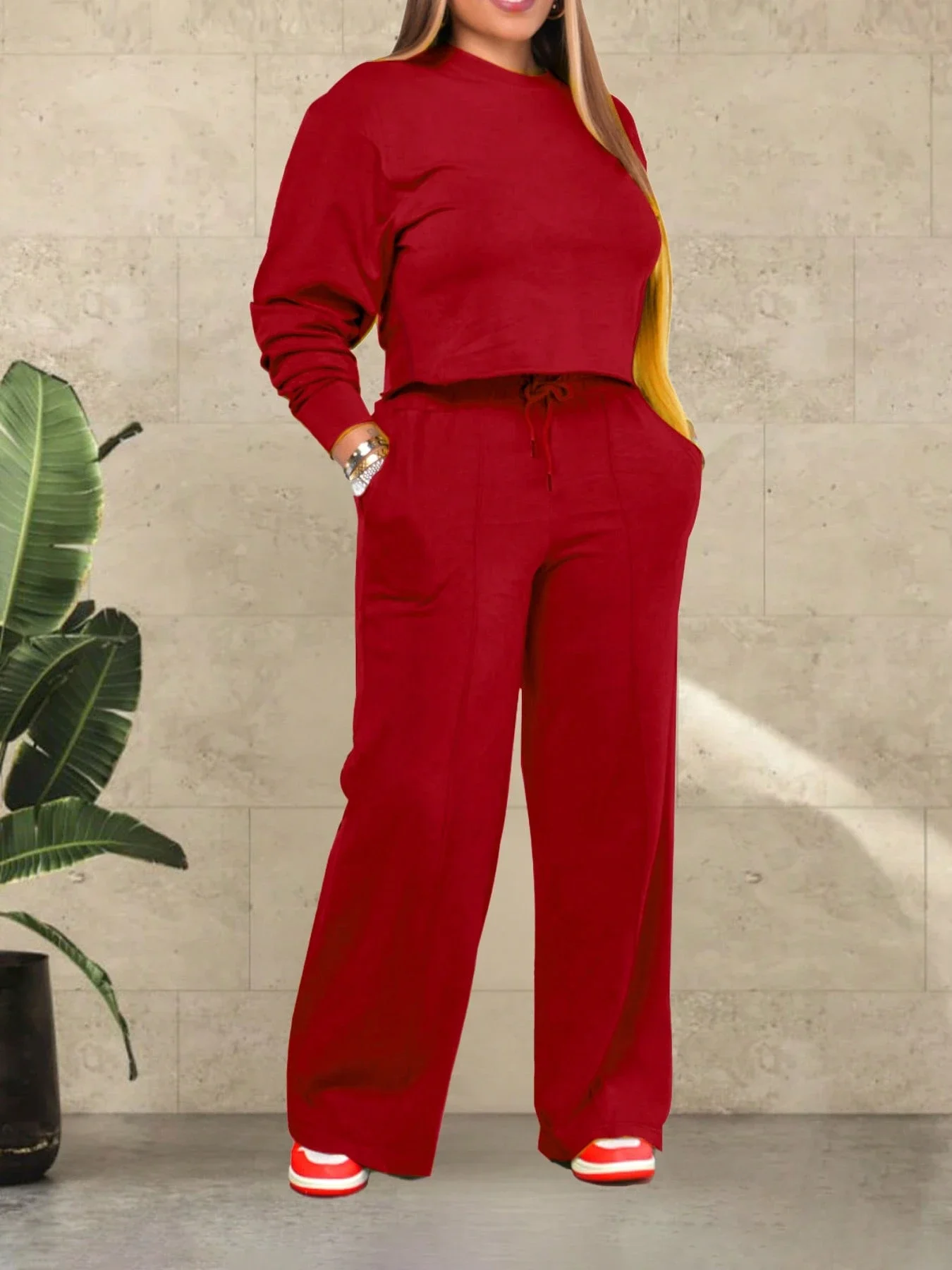 

Casual Solid Color 2 Piece Set Women Red Long Sleeve Top And Wide Leg Pants