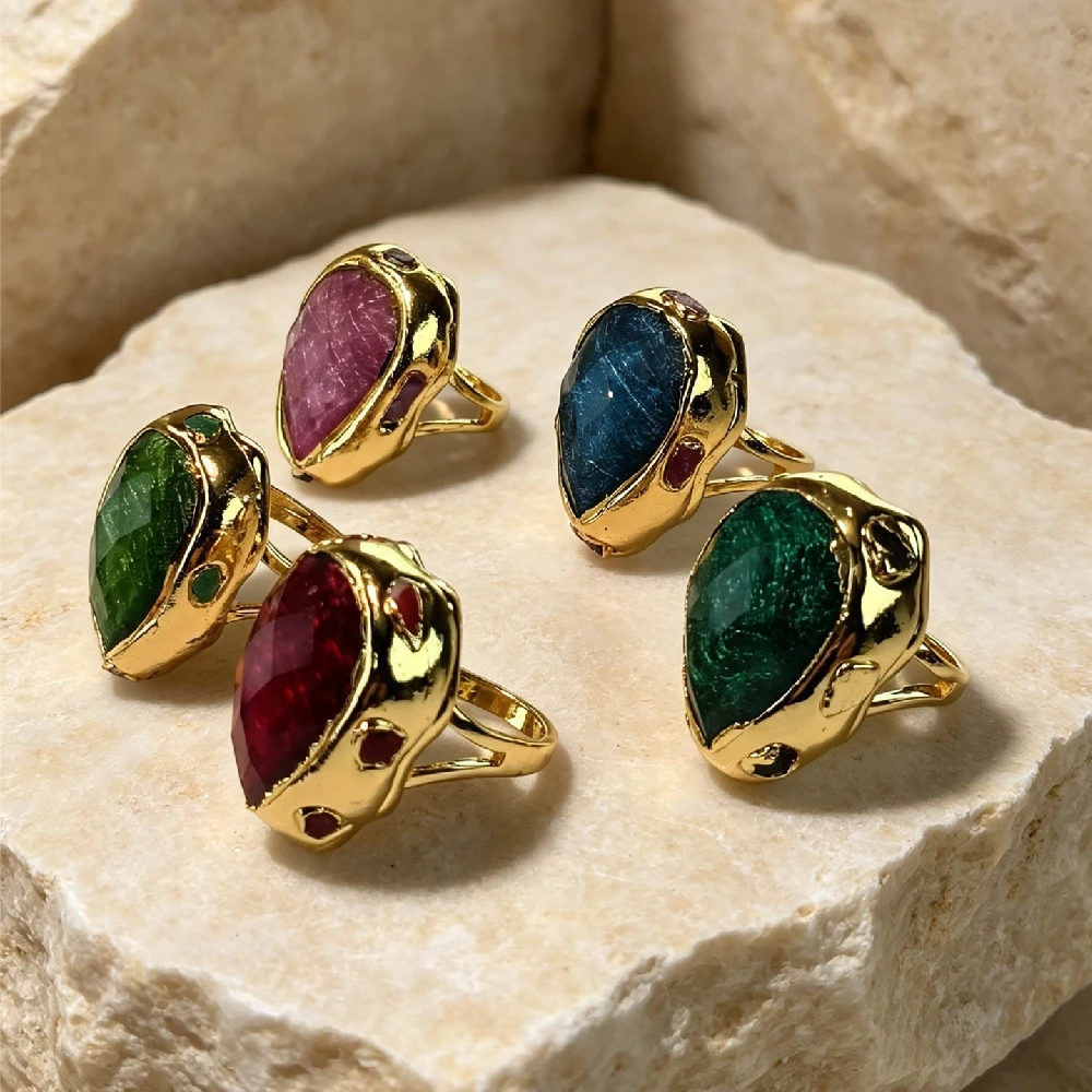 Teardrop Faceted Natural Mineral Finger Charms Ornate Bezel Multi‑Color Crystal Adjustable Band Golden Plated R2G116