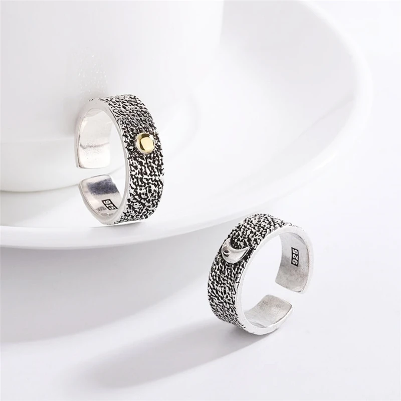 Retro Black Drip Glaze Sun Moon 925 Sterling Silver Female Resizable Opening Rings RI1022