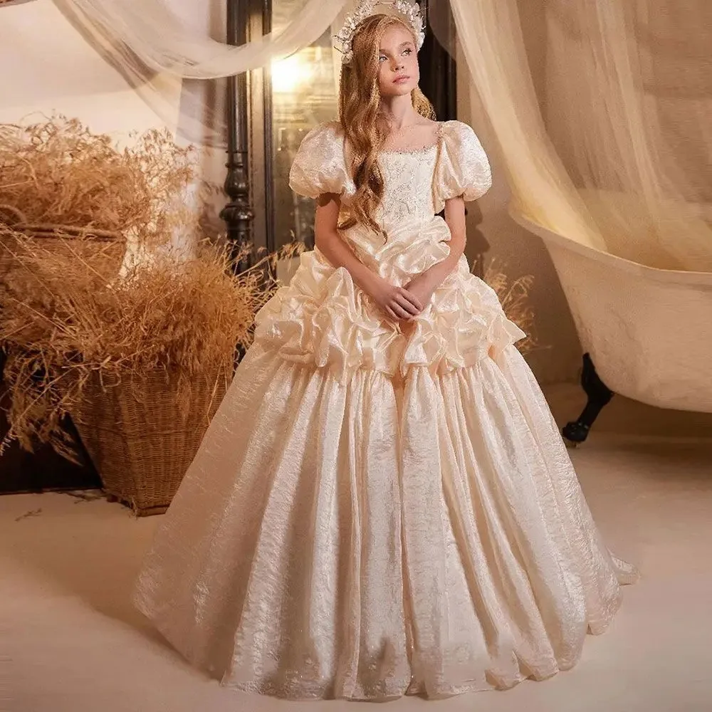 

Flower Girl Dress For Wedding Beaded Puffy Sleeve Floor Length Child First Communion Kids Birthday Party Dress Ball Gowns