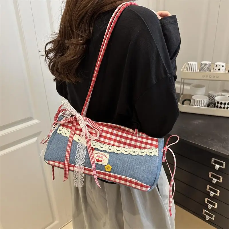 

Sweet Lace Plaid Womens Shoulder Bag Patchwork College Style Underarm Purse Simple Pleated Design Female Handbag Gift
