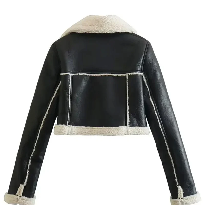 KUCLUT 2024 Women Faux Leather Thicken Coppped Jacket Vintage Front Zipper Lapel Coat Autumn Winter Women Warm Casual