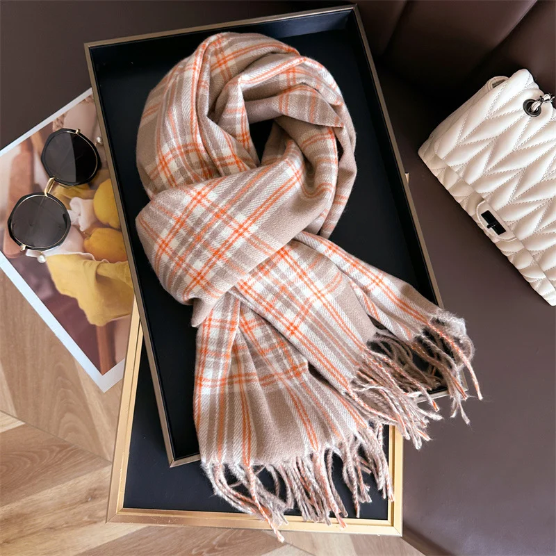 2024 Winter Warm Cashmere Feel Checkered Scarf Thick Shawl Women\'s Headscarf Pashmina Tassel Scarf Christmas New Year\'s Gift