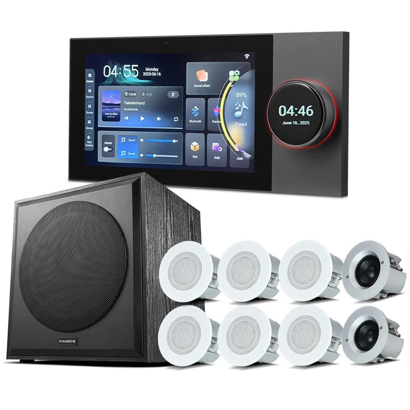 Tuya Smart Home Background Music System 8*25W Super Ceiling Speaker Intelligent 7-Inch Central Control Panel Wall Amplifier