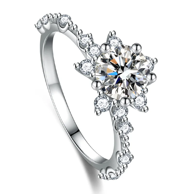 Real Moissanite Sun Flower Ring 1 Carat Diamond Lotus Ring Women Fancy Wedding Bridal Rings Sterling Silver Jewelry Include Box