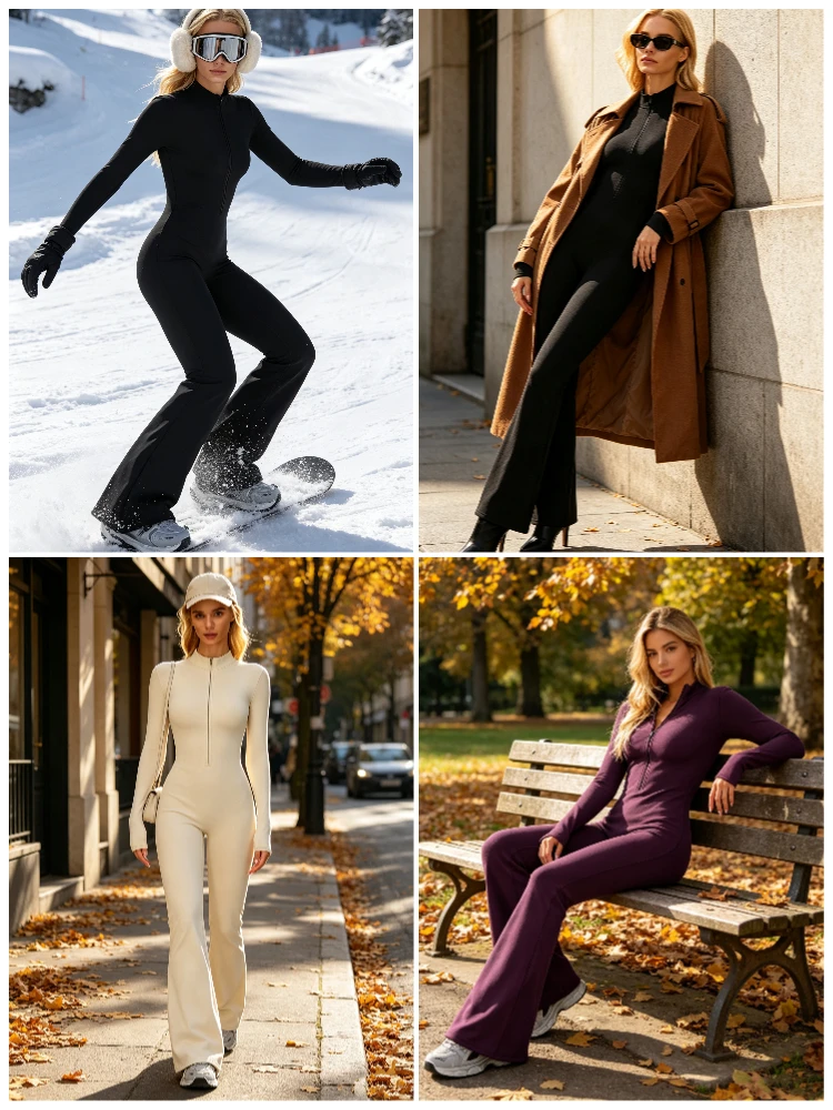 VITALINOVO Damen-Overall mit langen Ärmeln, Flare-Workout-Overall, Reißverschluss, Strampler, Hose, weites Bein, Ganzkörper-Body, figurbetont, einteilig – Detail 7