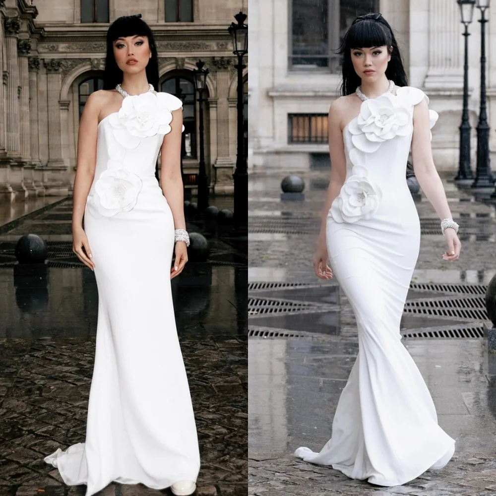 

Customized Fashion White Jersey Homecoming Dress Modern Crew Neck One Shoulder Flowers Mermaid Zipper Back Vestido De Festa