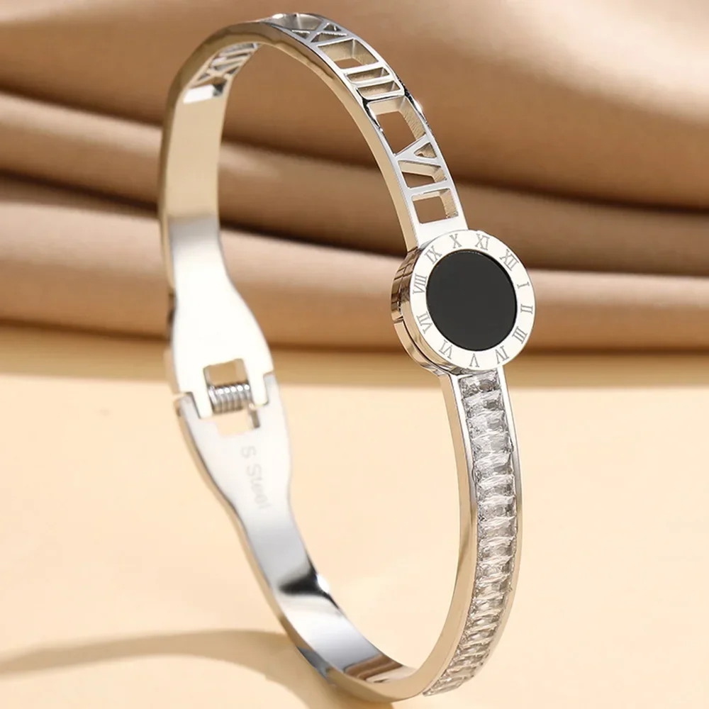 New Black Disc Hollow Roman Numeral Bracelet Women Men Stainless Steel Jewelry Square Crystal Inlaid Wristband Accessories