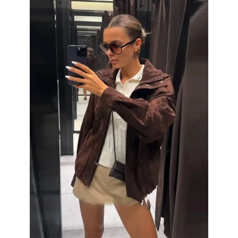 

Женская куртка-бомбер с воротником-стойкой, длинными рукавами, молнией, элегантными карманами, драпировкой, свободного кроя, модная осенняя верхняя одежда