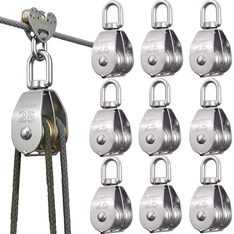 360° Rotation Stainless Steel Crane Pulley Block Wire Rope Lifting Swivel Hook Double Pulley Block Hanging Wire Towing Wheel