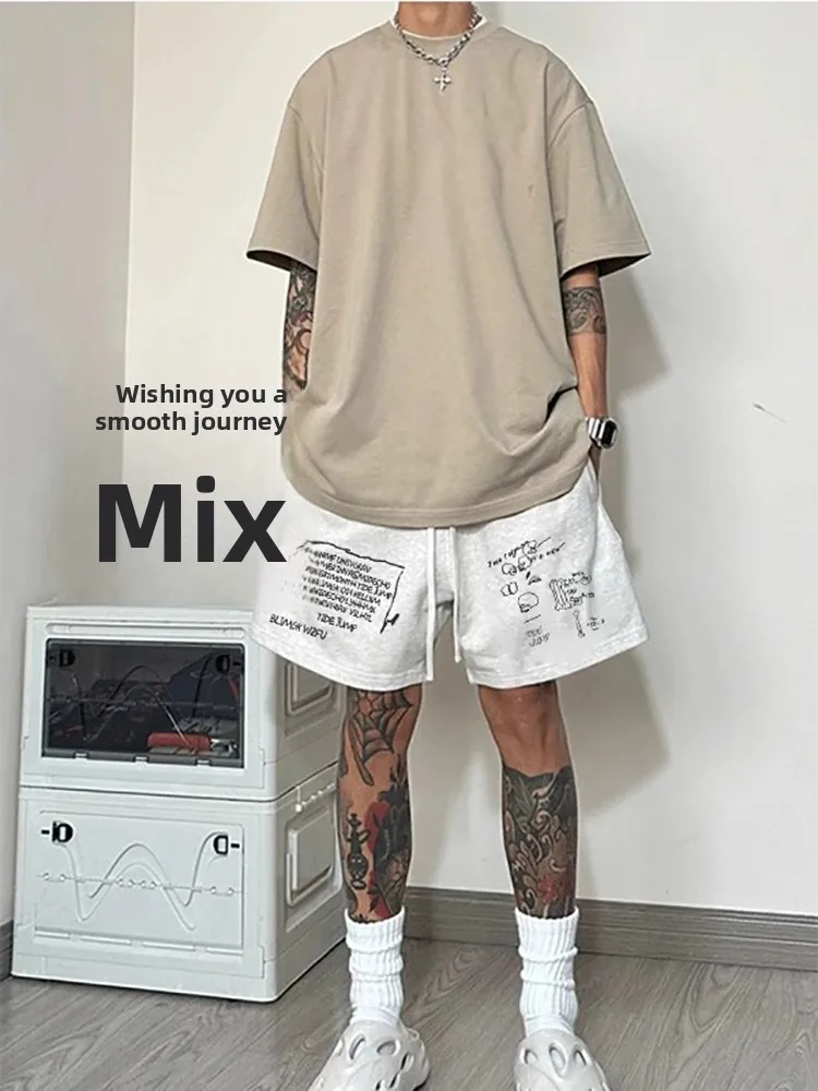 

Свободный крой Spor, мужской повседневный летний модный брендовый принт с буквенным принтом, прямая нога, длина пять четвертей, дышащий, удобный