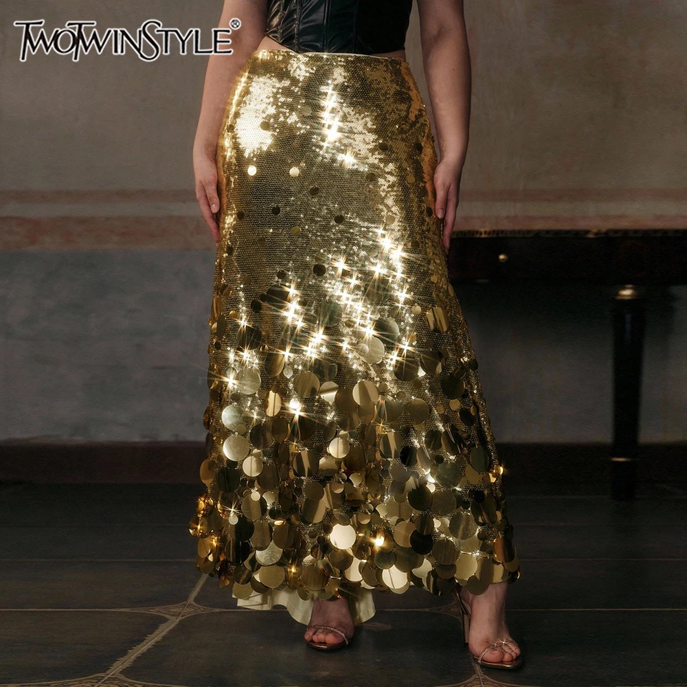 

TWOTWINSTYLE Solid Slimming Spliced Gold Sequins Fashion Skirts for Women High Waist Design Sense Long Skirt Female Clothing New