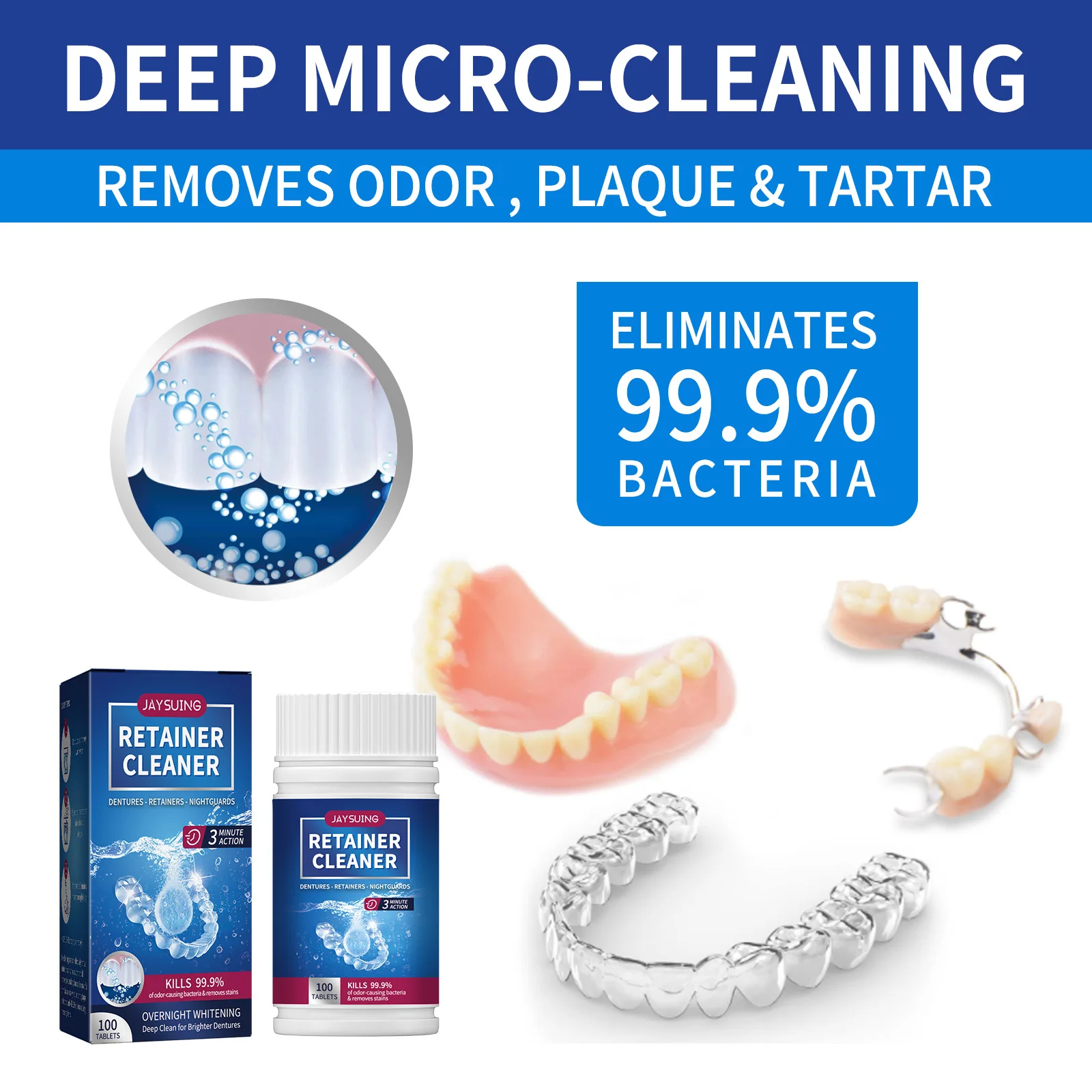 Retainer Cleaner Overnight Whitening Deep Clean for Brighter Dentures, Clear Retainer and Wire Retainer, 100 Tablets