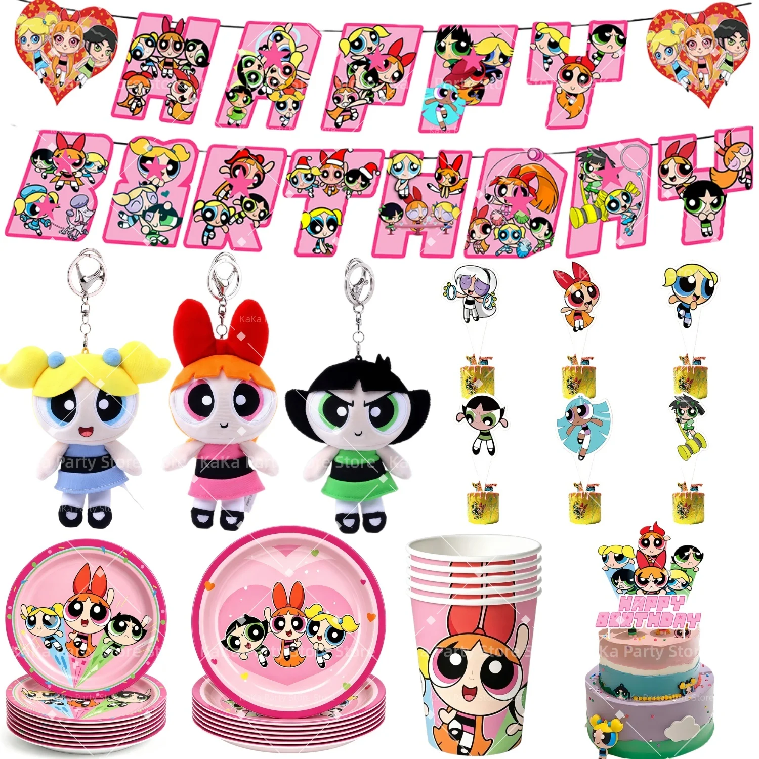 Birthday Decorations Powerpuff Girls Cake Topper Tableware Set Banner Paper Plate Cup Powerpuff Girls Party Favors Supplies