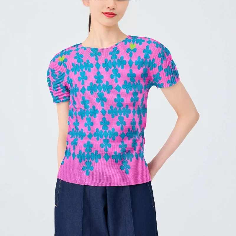 Miyake Pleated New Women's Printed Pleated Top Women's Collar Casual Slim Fit Slimming Pullover Short Sleeve T-Shirt 2026 Summer