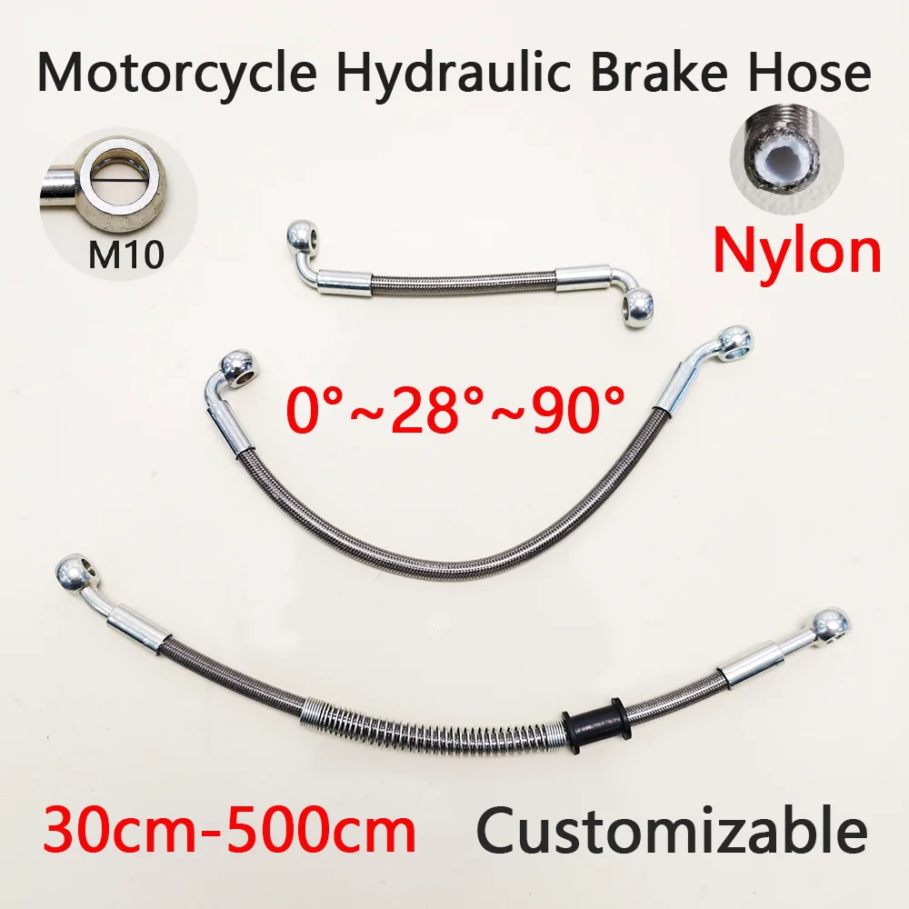 

M10 0°~28°~90° Motorcycle Dirt Bike Braided Line Steel Brake Hose Cable Hydraulic Banjo Pipe 30-500cm Universal Racing Silver