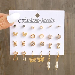 Butterfly Heart Earring Ear Studs Set For Women Girls Simple Gold Color Circle Pearl Dangle Drop Earring Square Party Jewelry