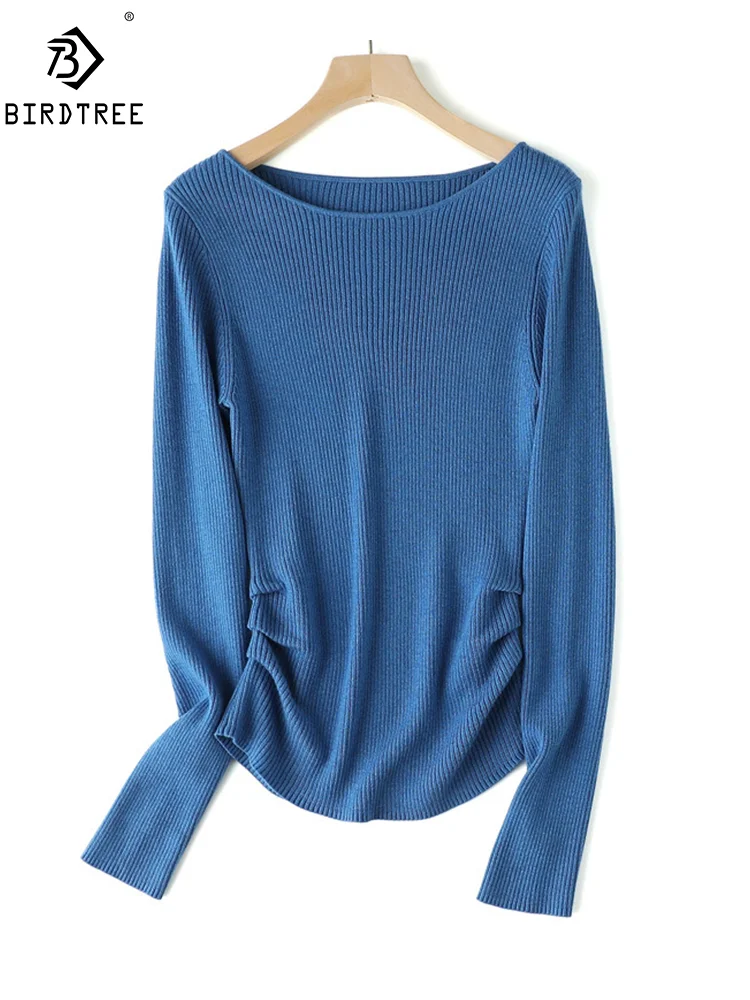 Birdtree, 31.8% Wool Elegant Machine Washable Sweater, Women Slash Neck Slim Waist, Fashion Simple Tops, Autumn Winter  T48168QM