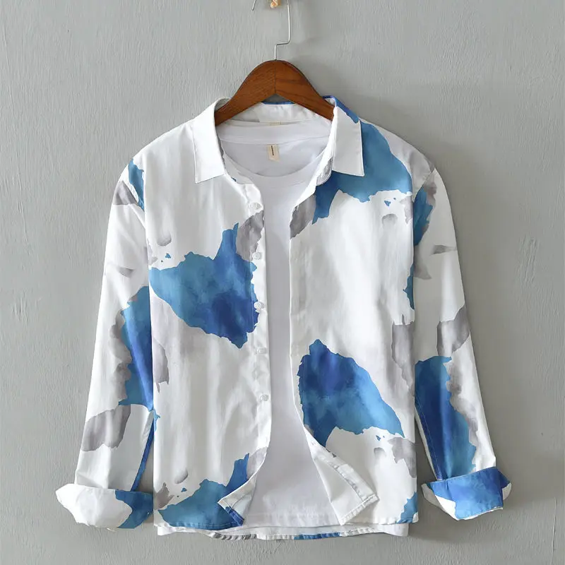 Spring Autumn New Fashion Printing Turn-down Collar Long Sleeve Men's Clothing Blouse Korean Youth Color Blocking Button Tops