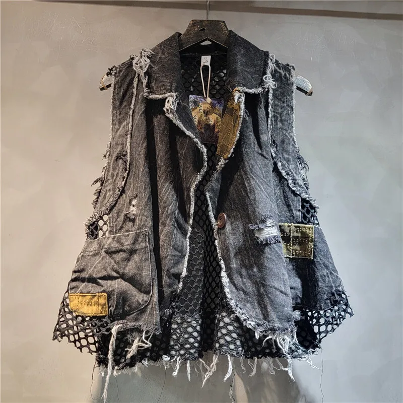 HKSH Personalized Trendy Brand Unique Washed Distressed Denim Vest Women\'s Tide Punk Waistcoat Autumn New Mesh Patchwork HK3121