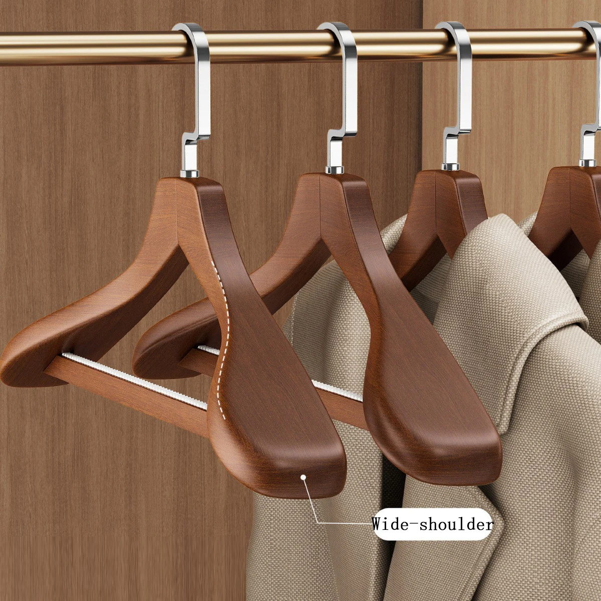 5Pcs Coat Hanger Solid Wood Suit Hanger Wide Shoulder Design Non Slip Pants Bar Hook for Jacket Skirt Sweater Pants Bedroom