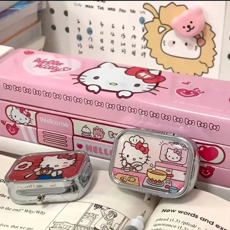 Hello Kitty Portátil Caixa De Jóias com Espelho HD, Mini Selado Subpacote Caixas, Bonito Coração Da Menina Dos Desenhos Animados, Caixa De Armazenamento De Viagem, Kawaii