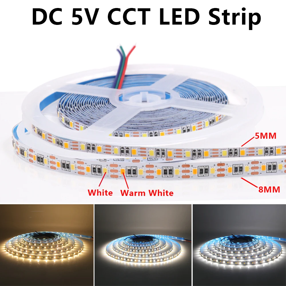 5M Dual Color 5MM 8MM CCT Dimmable LED Strip Light DC 5V Not Waterproof 120LEDs/m Color Temperature Adjustable Flexible LED Tape