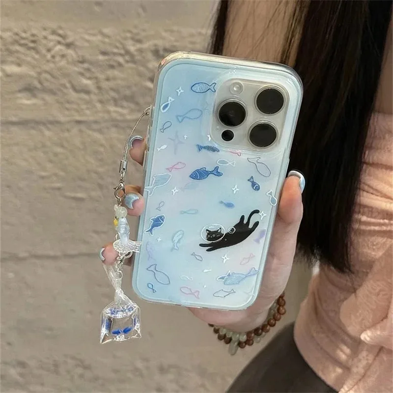 

2-in-1 airbag blue shell, cat underwater world phone case with pendant for iPhone 11 12 13 14 15 16 pro max