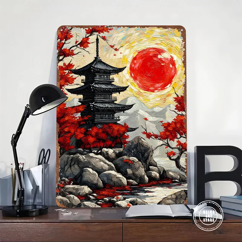 Japane With Red Maple Leaves Printed Poster Customized Retro Wall Art Vintage Metal Tin Signs for Living Room Decorations House