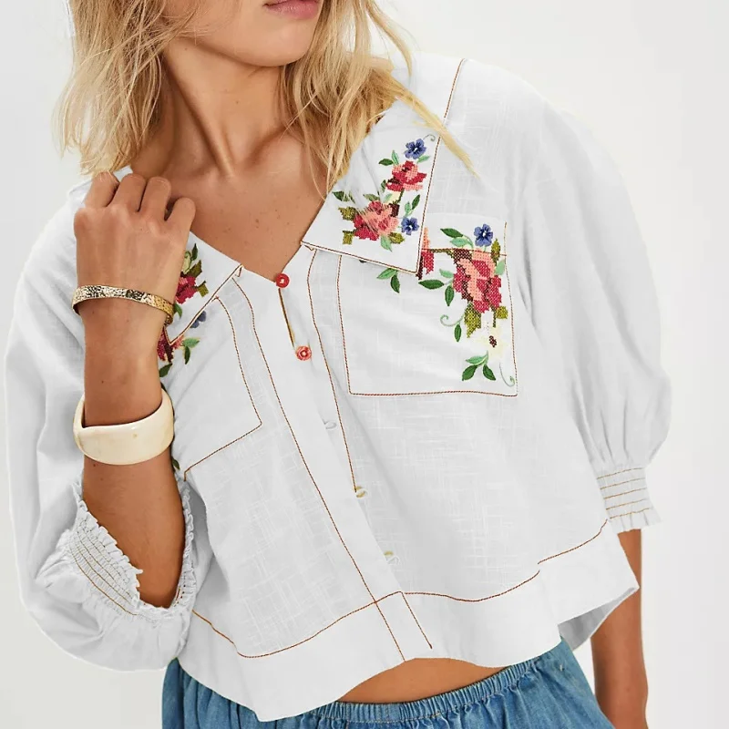المرأة Y2k زر حتى المطرزة الأزهار بلوزة المحاصيل القمم لطيف نفخة Smocked كم الخروج بلايز الصيف شير الكتان