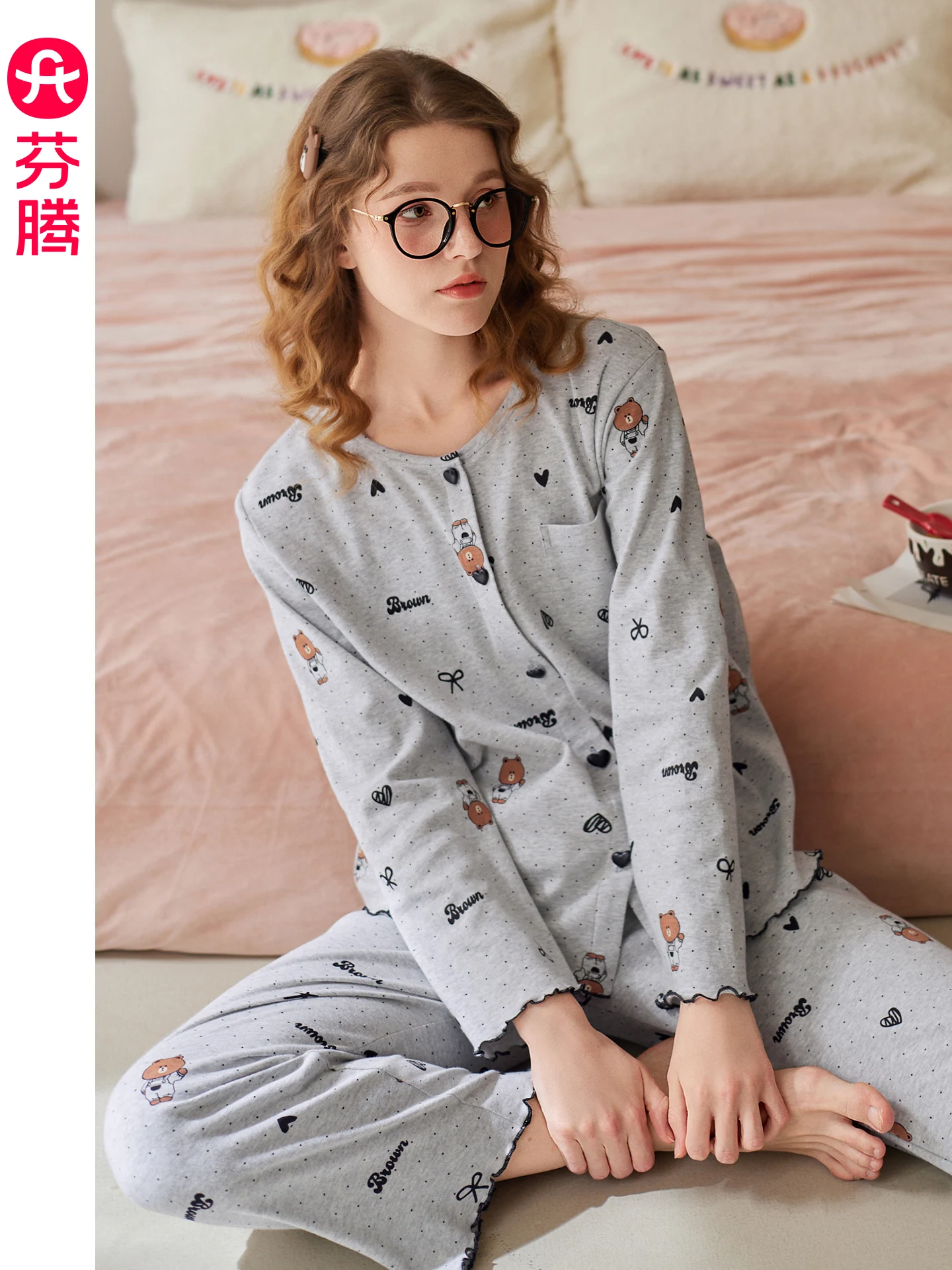 fenteng-women's-long-sleeve-cotton-pajamas-set-cartoon-brown-bear-home-clothes-set-spring-autumn-anti-static-comfortable