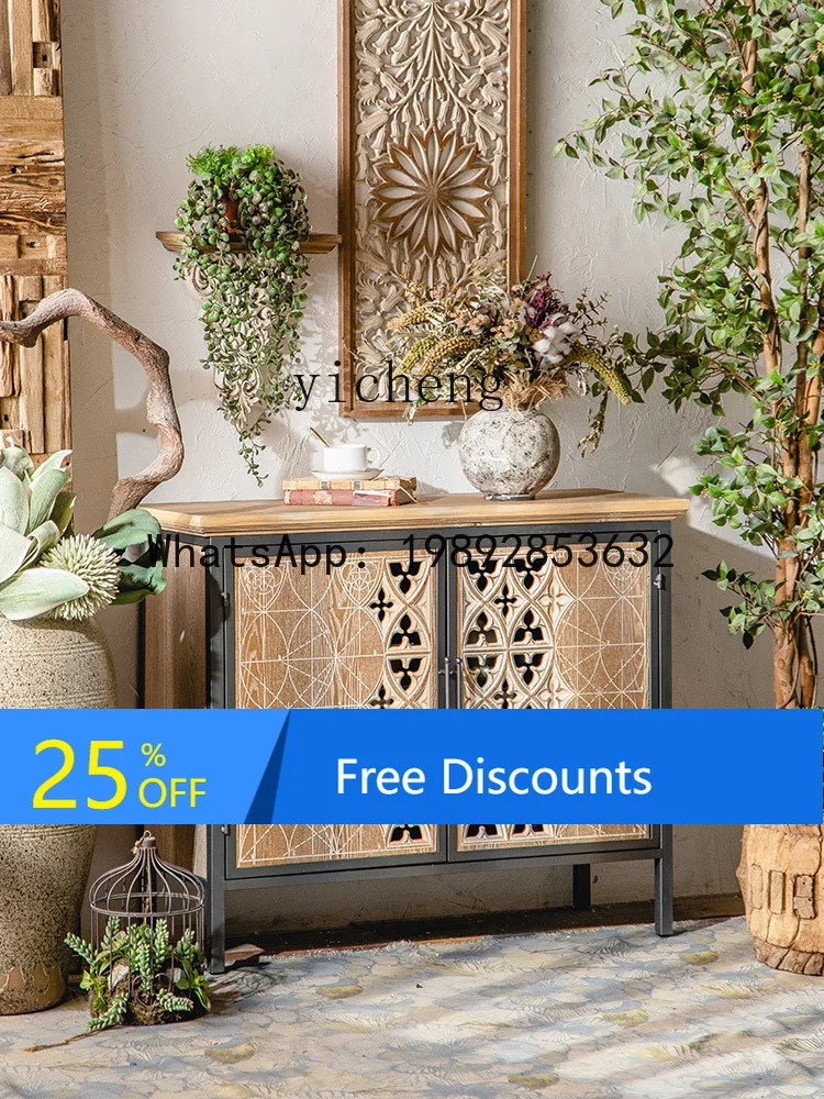 BB Vintage Home Wrought Iron Curio Cabinet Living Room Home Carved Solid Wood Sideboard