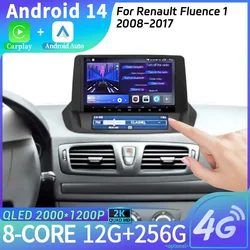 Android 14 Auto For Renault Fluence 1 2008-2017 4G GPS Wireless  Bluetooth Carplay Car Radio Multimedia Touch Stereo Screen