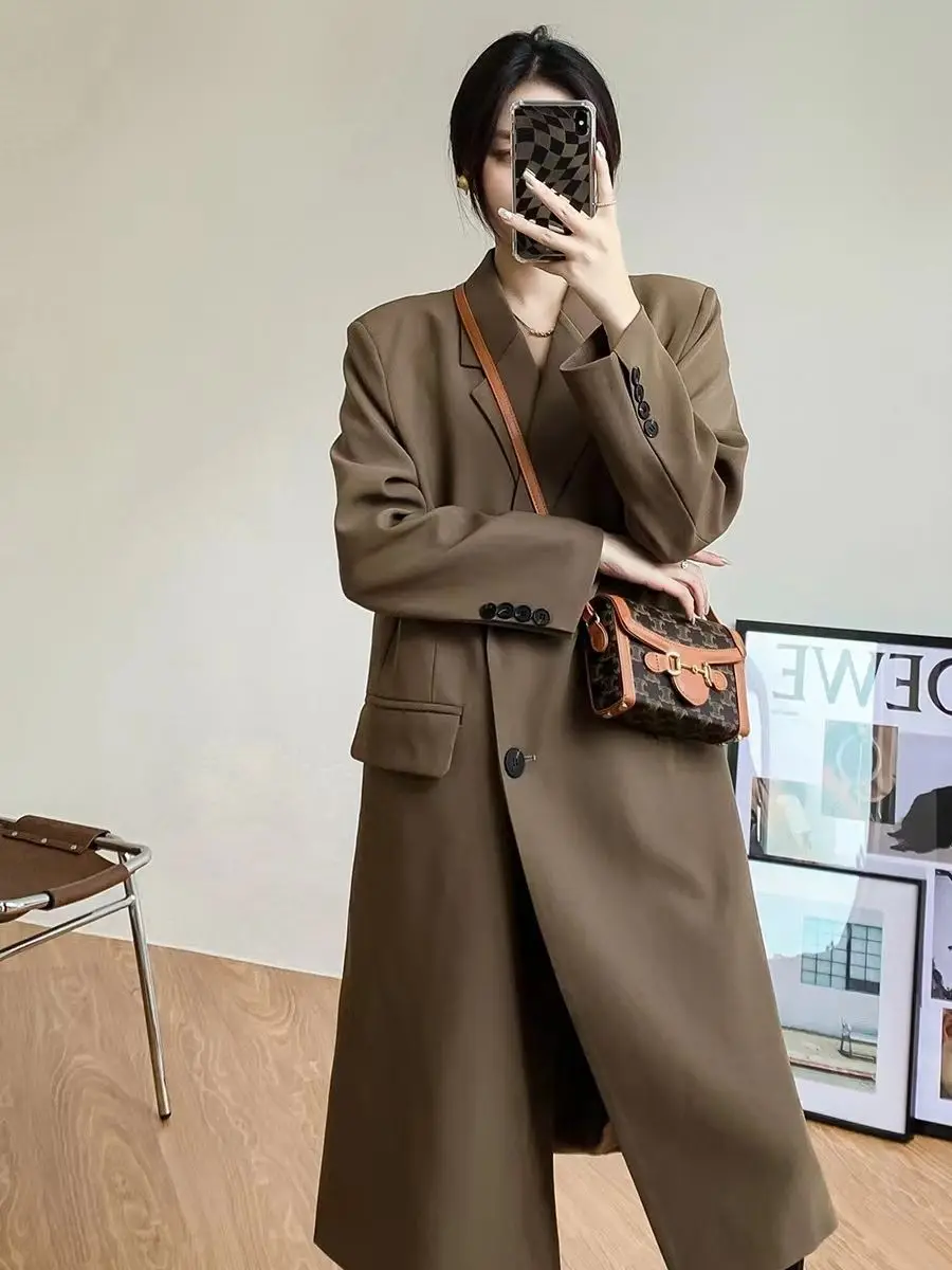 Long Blazers Women Loose England Style Cool Mature Chic Solid Temperament Outerwear Office Lady New Autumn All-match Fashionable