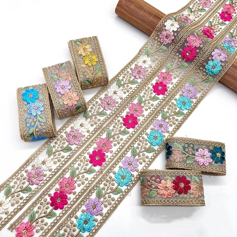 Ethnic Lace Ribbon with Gold Thread, Embroidered Garment, Luggage Accessories, Bar Code, 1 Yards