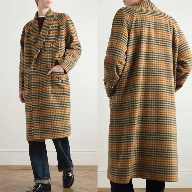 

Handsome Men's Plaid Wool Blend Coat Double Breasted Shawl Lapel Jacket Tuxedos Winter Thick Customized One Piece