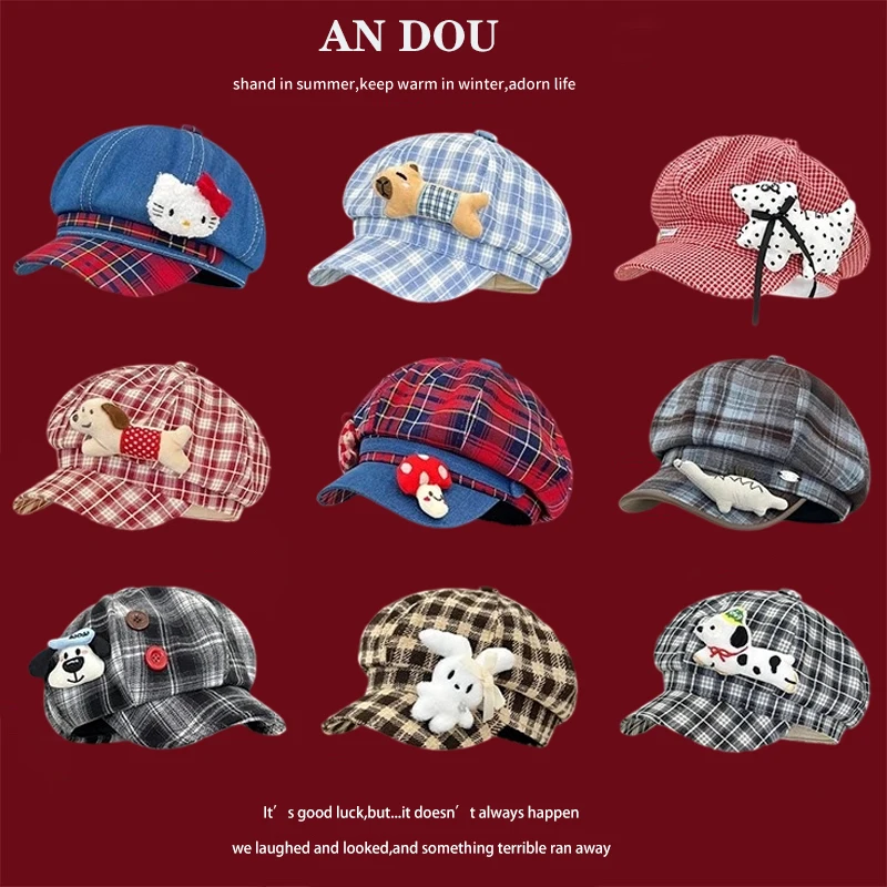 

New Sanlio Hellokitty Anime Peripheral Pink Grid KtCat Doll Octagonal Hat Korean INS Style Face Show Small Trendy Cute Girl Gift