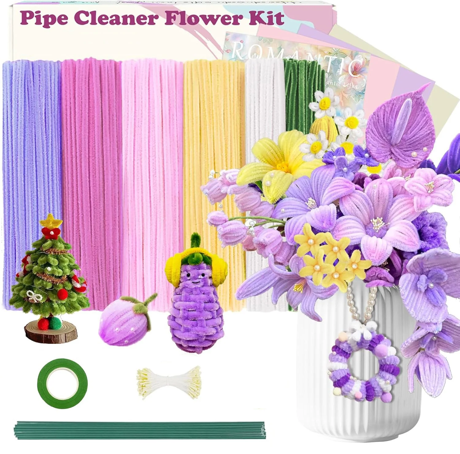 

500 Pcs Pipe Cleaners Flower kit, 20pcs Green Floral Wires, 1pc Gardening Tape, 150pcs Stamen, Pipe Cleaners Craft